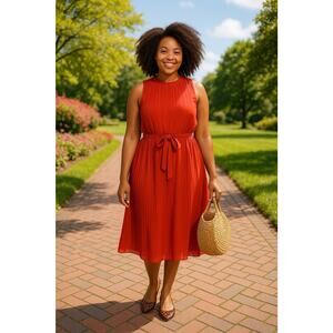 A New Day Pleated Midi Tank Dress Ruffle Collar Tie Belt Size 3X Orange